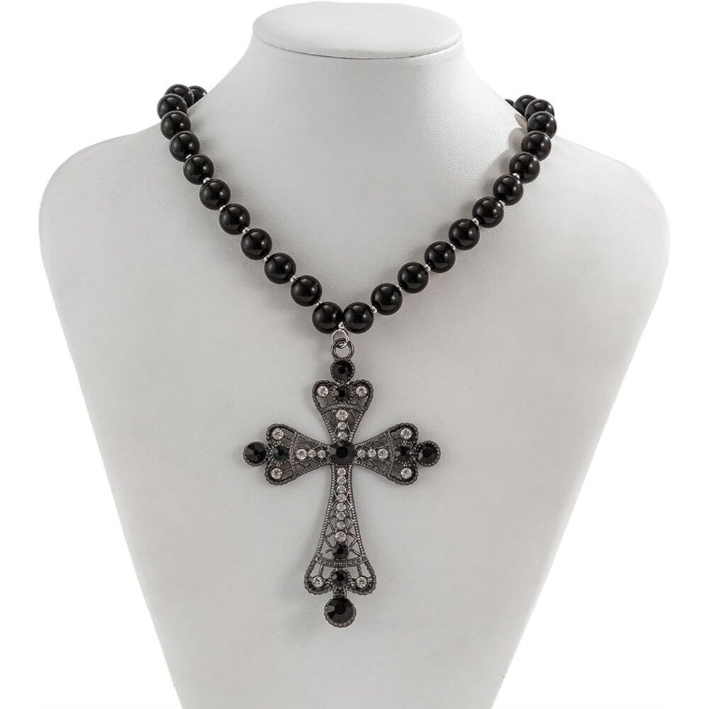 Women Black Pearl Cross Necklace - Chunky Gothic Punk Vintage Cross Jewelry - Picture 7 of 8